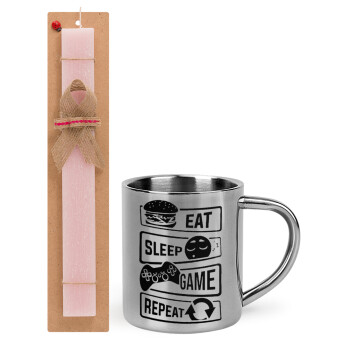 Eat Sleep Game Repeat, Easter Set, metallic thermal cup (300ml) & aromatic flat Easter candle (30cm) (PINK)