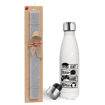 Eat Sleep Game Repeat, Easter candle, metallic white thermos bottle (500ml) & aromatic flat candle (30cm) (GRAY)