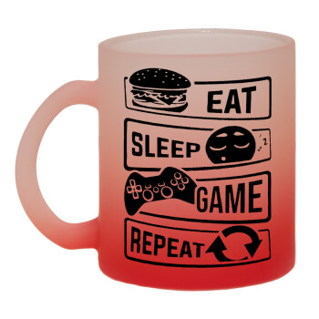 Eat Sleep Game Repeat, Κούπα γυάλινη δίχρωμη με βάση το κόκκινο ματ, 330ml