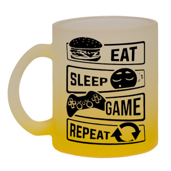 Eat Sleep Game Repeat, Κούπα γυάλινη δίχρωμη με βάση το κίτρινο ματ, 330ml