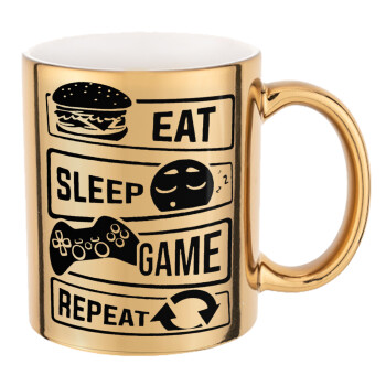 Eat Sleep Game Repeat, Κούπα κεραμική, χρυσή καθρέπτης, 330ml