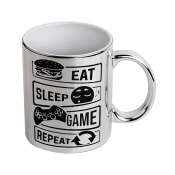 Eat Sleep Game Repeat, Mug ceramic, silver mirror, 330ml