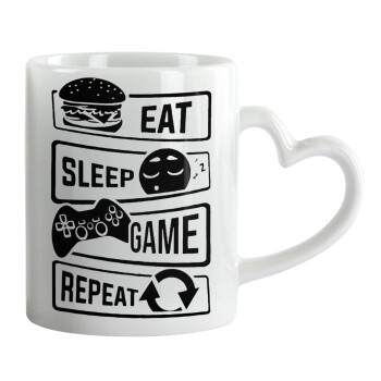 Eat Sleep Game Repeat, Mug heart handle, ceramic, 330ml