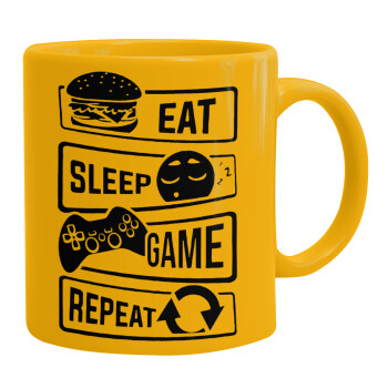 Eat Sleep Game Repeat, Ceramic coffee mug yellow, 330ml