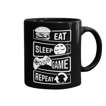 Eat Sleep Game Repeat, Κούπα Μαύρη, κεραμική, 330ml