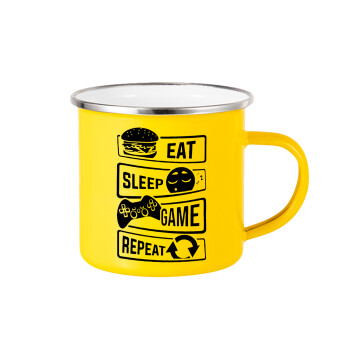 Eat Sleep Game Repeat, Yellow Enamel Metallic Cup 360ml