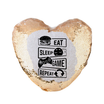 Eat Sleep Game Repeat, Μαξιλάρι καναπέ καρδιά Μαγικό Χρυσό με πούλιες 40x40cm περιέχεται το  γέμισμα