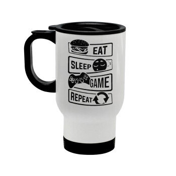 Eat Sleep Game Repeat, Stainless steel travel mug with lid, double wall white 450ml