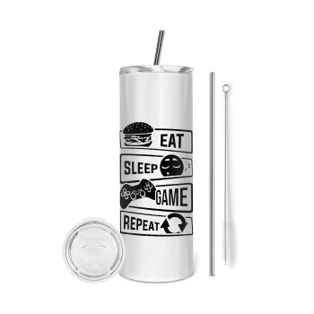 Eat Sleep Game Repeat, Eco friendly ποτήρι θερμό (tumbler) από ανοξείδωτο ατσάλι 600ml, με μεταλλικό καλαμάκι & βούρτσα καθαρισμού