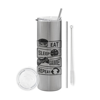 Eat Sleep Game Repeat, Eco friendly stainless steel Silver tumbler 600ml, with metal straw & cleaning brush