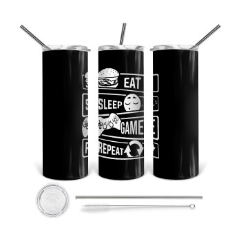 Eat Sleep Game Repeat, 360 Eco friendly ποτήρι θερμό (tumbler) από ανοξείδωτο ατσάλι 600ml, με μεταλλικό καλαμάκι & βούρτσα καθαρισμού