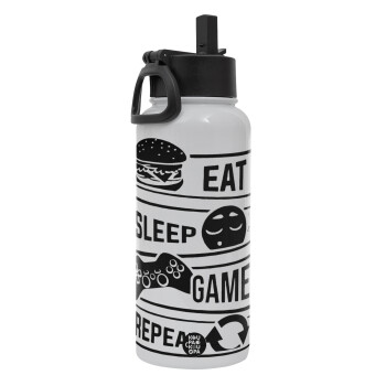 Eat Sleep Game Repeat, Metal mug thermo White with Straw and Spout Lid (Stainless steel), double wall, 950ml