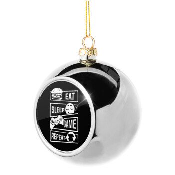 Eat Sleep Game Repeat, Silver 8cm Christmas tree ball ornament