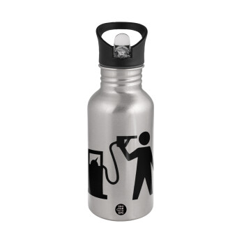 Fuel crisis, Water bottle Silver with straw, stainless steel 500ml