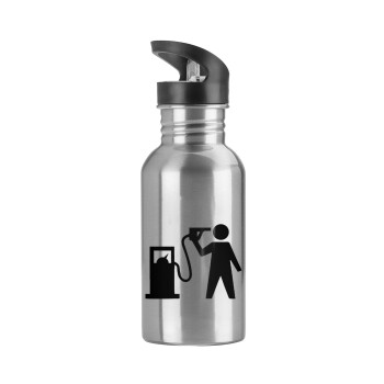 Fuel crisis, Water bottle Silver with straw, stainless steel 600ml