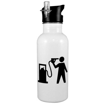 Fuel crisis, White water bottle with straw, stainless steel 600ml