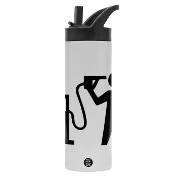 Fuel crisis, Metallic thermos bottle with straw & handle, stainless steel (Stainless steel 304), double-walled, 600ml.