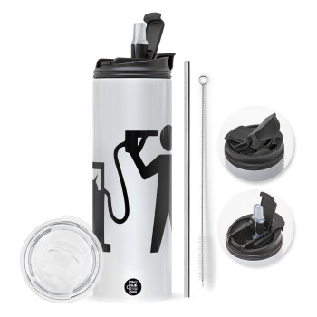 Fuel crisis, Travel Tumbler 2 Lids, with metal straw & cleaning brush (Stainless steel 304 Food grade, BPA free, 600ml)