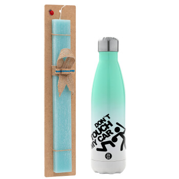 Don't touch my car, Easter Set, Metallic green/white thermos (Stainless steel), double-walled, 500ml & scented flat Easter candle (30cm) (TURQUOISE)