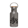 Stainless steel metallic thermos flask, silver with a bamboo lid, double-walled, 350ml.