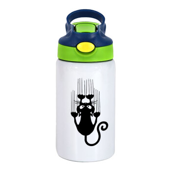 Cat scratching, Children's hot water bottle, stainless steel, with safety straw, green, blue (350ml)