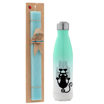 Cat scratching, Easter Set, Metallic green/white thermos (Stainless steel), double-walled, 500ml & scented flat Easter candle (30cm) (TURQUOISE)