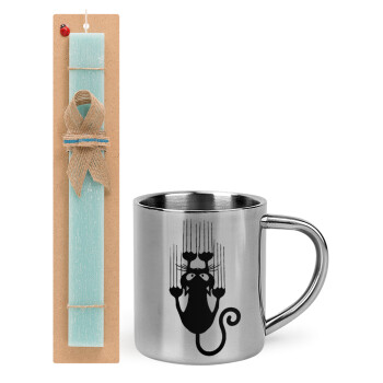 Cat scratching, Easter Set, metallic thermal cup (300ml) & aromatic flat Easter candle (30cm) (TURQUOISE)