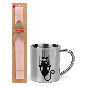 Cat scratching, Easter Set, metallic thermal cup (300ml) & aromatic flat Easter candle (30cm) (PINK)