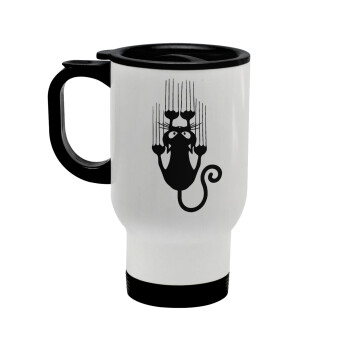 Cat scratching, Stainless steel travel mug with lid, double wall white 450ml