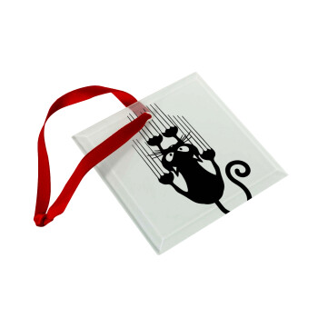 Cat scratching, Christmas ornament, glass square ornament 9x9cm