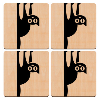Cat upside down, ΣΕΤ x4 Σουβέρ ξύλινα τετράγωνα plywood (9cm)