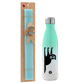 Cat upside down, Easter Set, Metallic green/white thermos (Stainless steel), double-walled, 500ml & scented flat Easter candle (30cm) (TURQUOISE)