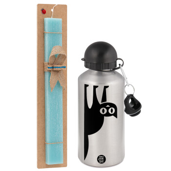 Cat upside down, Easter Set, metallic silver aluminum water bottle (500ml) & scented flat Easter candle (30cm) (TURQUOISE)