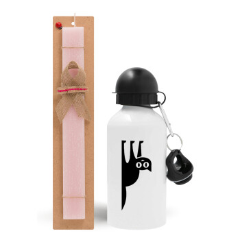 Cat upside down, Easter Set, metallic aluminum bottle (500ml) & aromatic flat Easter candle (30cm) (PINK)