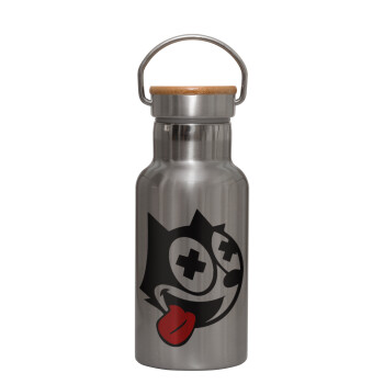 helix the cat, Stainless steel metallic thermos flask, silver with a bamboo lid, double-walled, 350ml.