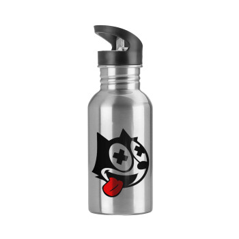 helix the cat, Water bottle Silver with straw, stainless steel 600ml
