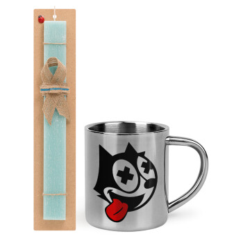 helix the cat, Easter Set, metallic thermal cup (300ml) & aromatic flat Easter candle (30cm) (TURQUOISE)