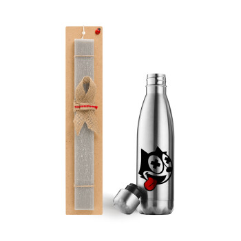 helix the cat, Easter Set, metallic stainless thermos flask (500ml) & scented flat Easter candle (30cm) (GRAY)