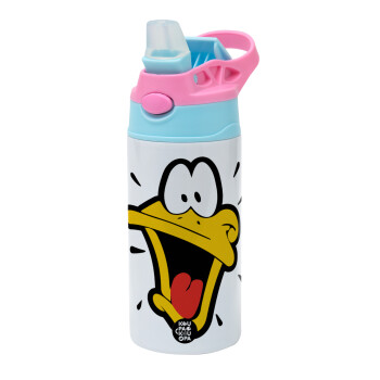 Daffy Duck, Children's hot water bottle, stainless steel, with safety straw, Pink/BlueCiel (360ml) BPA FREE