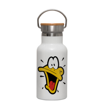 Daffy Duck, Μεταλλικό παγούρι θερμός (Stainless steel) Λευκό με ξύλινο καπακι (bamboo), διπλού τοιχώματος, 350ml