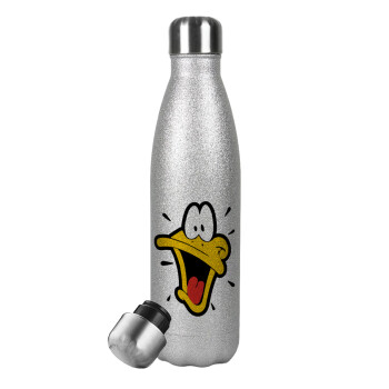 Daffy Duck, Μεταλλικό παγούρι θερμός Glitter Aσημένιο (Stainless steel), διπλού τοιχώματος, 500ml