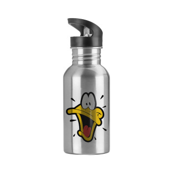 Daffy Duck, Water bottle Silver with straw, stainless steel 600ml