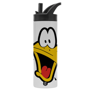 Daffy Duck, Metallic thermos bottle with straw & handle, stainless steel (Stainless steel 304), double-walled, 600ml.