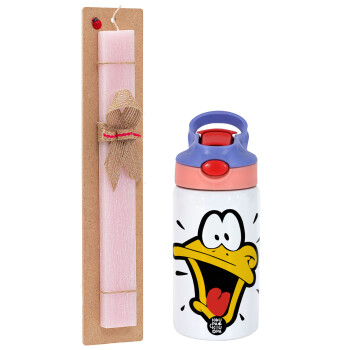 Daffy Duck, Easter Set, Children's thermal stainless steel water bottle with safety straw, pink/purple (350ml) & Easter scented flat candle (30cm) (PINK)