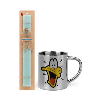 Daffy Duck, Easter Set, metallic thermal cup (300ml) & aromatic flat Easter candle (30cm) (TURQUOISE)