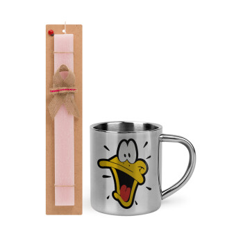 Daffy Duck, Easter Set, metallic thermal cup (300ml) & aromatic flat Easter candle (30cm) (PINK)