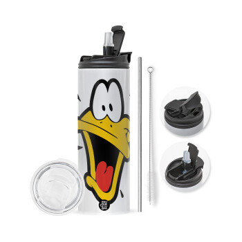 Daffy Duck, Travel Tumbler θερμό με διπλό καπάκι, μεταλλικό καλαμάκι και βούρτσα καθαρισμού (Ανωξείδωτο 304 Food grade, BPA free, 600ml)