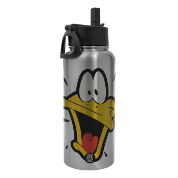 Daffy Duck, Metal mug thermo Silver with Straw and Spout Lid (Stainless steel), double wall, 950ml