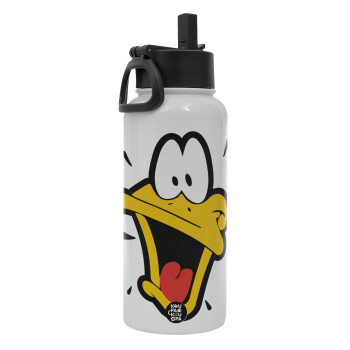 Daffy Duck, Metal mug thermo White with Straw and Spout Lid (Stainless steel), double wall, 950ml