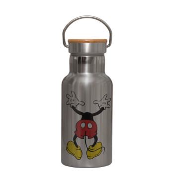 Mickey hide..., Stainless steel metallic thermos flask, silver with a bamboo lid, double-walled, 350ml.